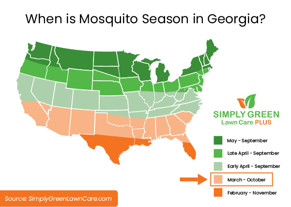 Map of Mosquito Zones in US with Georgia Indicated for March - October